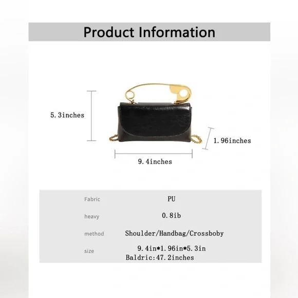 Women's Black Shaped Leather Purse w/Safety Pin “Handle” & Detachable Strap NWWT - Picture 7 of 7